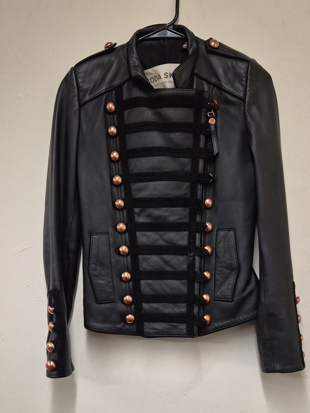 ODA SKO Black Leather Military-Style Jacket with Copper Buttons Size 2